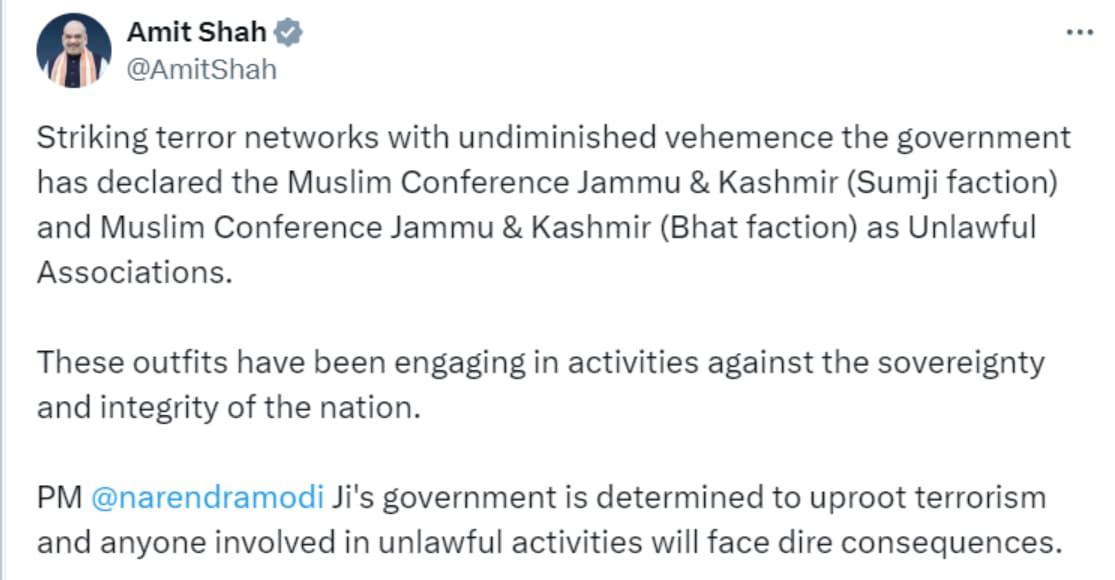 Government Declares Two J&K Muslim Conference Factions as Unlawful Associations